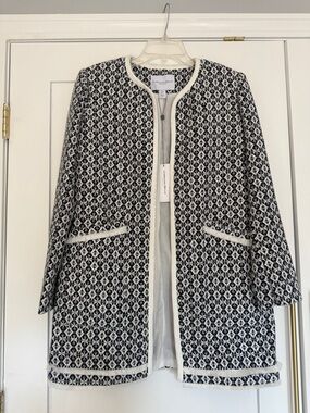 Carolina Belle Navy and White Open-Front Patterned Coat